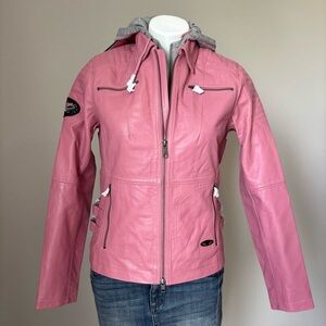 Harley Davidson 3 In 1 Leather Biker Jacket Pink Label Size Small Removable Hood